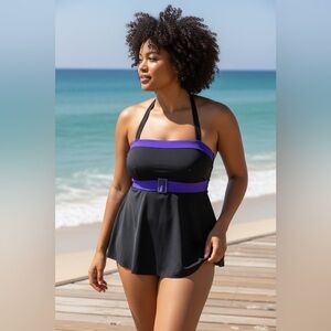 I.F. Vintage Retro Chic Style Swimdress Black Purple Size 18W